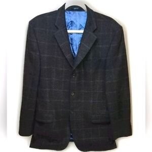 Daniel Hechter Paris 40L Navy Blue Plaid Wool Cashmere Blazer Jacket (5JJ04)